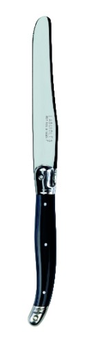 Set of 3 elegant Verdier table knives with black resin handles and stainless steel blades, made in Laguiole, France.