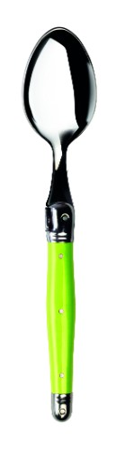 Set of 3 Verdier green spoons with stainless steel and colorful resin handles, featuring the Laguiole bee emblem.