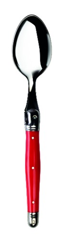 Elegant set of 3 red resin handled spoons with stainless steel, featuring the Laguiole Bee, perfect for dining.