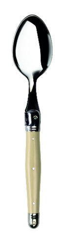 Set of 3 Verdier ivory spoons with elegant resin handles, Laguiole Bee detail, stainless steel, and dishwasher safe.