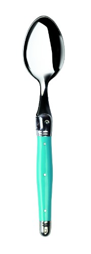 Set of 3 blue-handled teaspoons, made in France, featuring stainless steel and Laguiole Bee design, dishwasher safe.