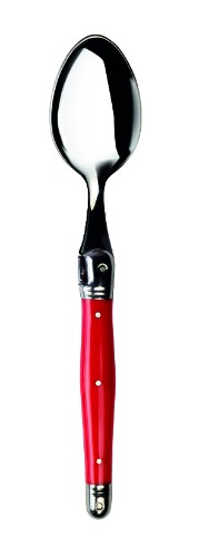 Set of 3 elegant red Verdier teaspoons with stainless steel and resin handles, featuring the trademark Laguiole bee emblem.