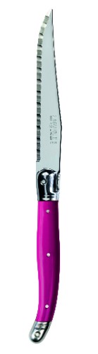 Set of 3 fuchsia Verdier steak knives with stainless steel blades and durable resin handles, featuring the Laguiole Bee emblem.
