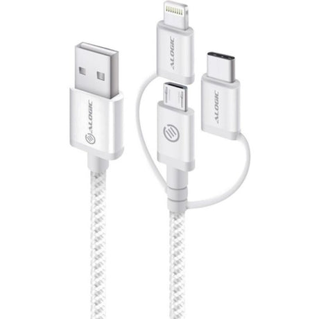 Alogic 3-in-1 USB-A Combo Cable with Micro USB, Lightning & USB-C connectors, 30 cm, ideal for all devices.