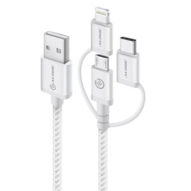 Alogic 3-in-1 USB-A cable with Micro USB, Lightning, and USB-C connectors for fast charging and data transfer.