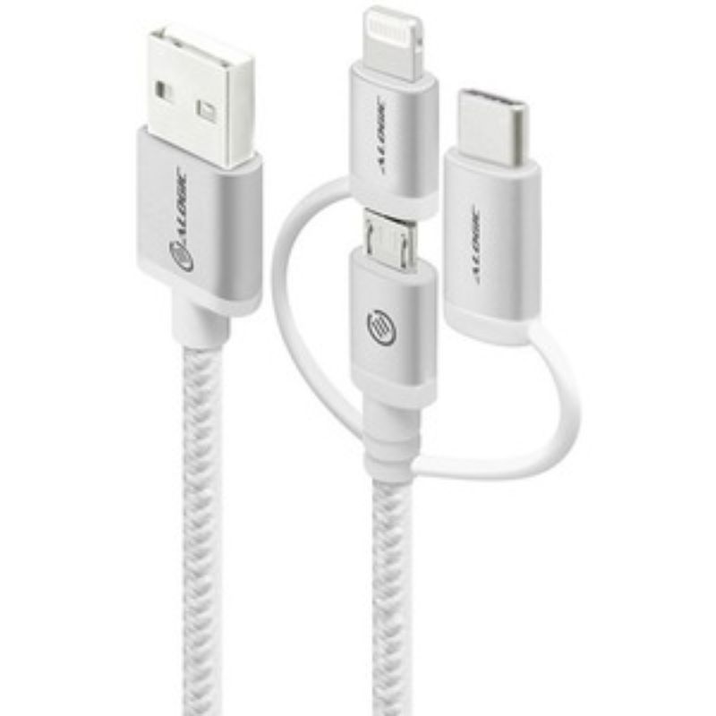 Alogic 3-in-1 USB-A Combo Cable with Micro USB, Lightning & USB-C connectors, 30 cm long for fast charging and data transfer.