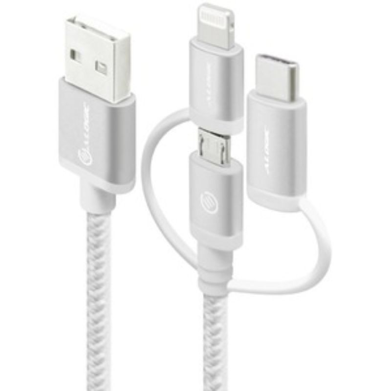 Alogic 3-in-1 USB-A combo cable with Micro USB, Lightning, and USB-C connectors for fast charging and data transfer.