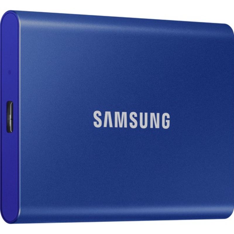 Samsung T7 1TB Portable SSD in indigo blue, offering 1050 MB/s speeds, 256-bit encryption, and versatile device compatibility.