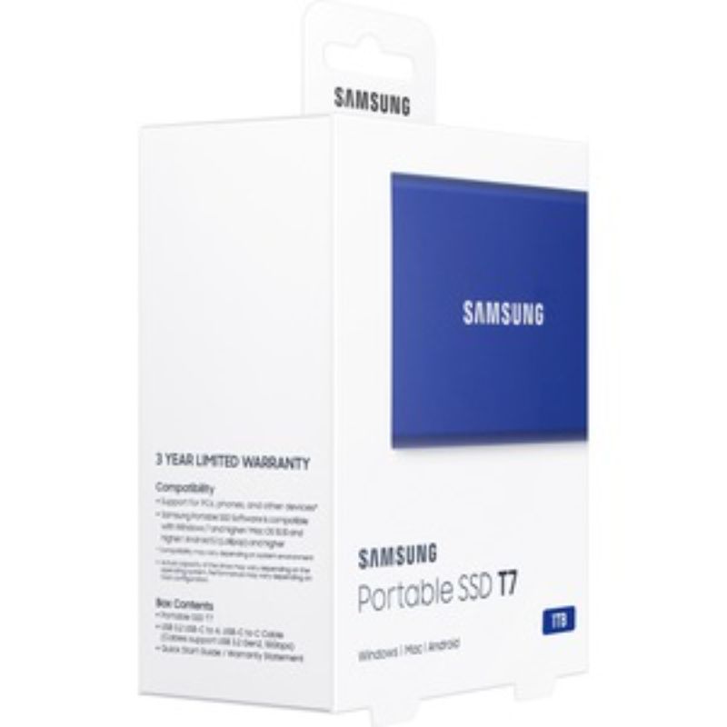 Samsung T7 1TB Portable SSD in indigo blue, offering 1050 MB/s speed and 256-bit encryption for secure, fast data storage.