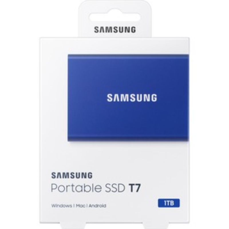 Samsung T7 1TB Portable SSD in indigo, featuring fast 1050 MB/s speeds, USB 3.2, and 256-bit encryption for secure storage.