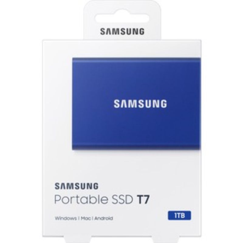 Samsung T7 1TB Portable SSD in indigo blue, offers 1050 MB/s speeds and 256-bit encryption for secure file storage.
