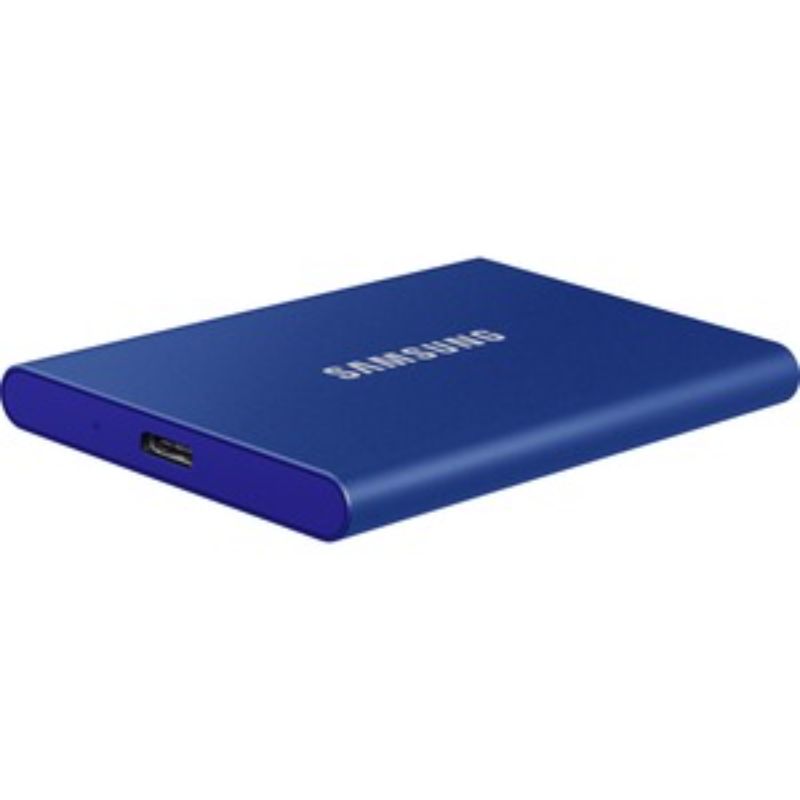 Samsung T7 1TB Portable SSD in indigo blue, featuring fast 1050 MB/s speeds and 256-bit encryption for secure data storage.