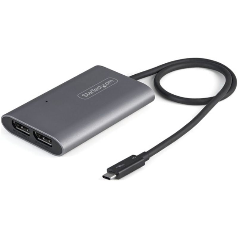 StarTech Thunderbolt 3 to Dual DisplayPort Adapter for connecting 2 x 4K monitors, with 8K support and built-in 18-inch cable.