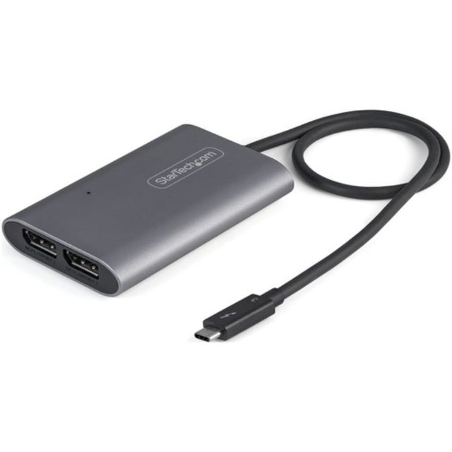 StarTech Thunderbolt 3 to Dual DisplayPort Adapter for connecting 2 x 4K monitors, with 8K support and built-in 18-inch cable.
