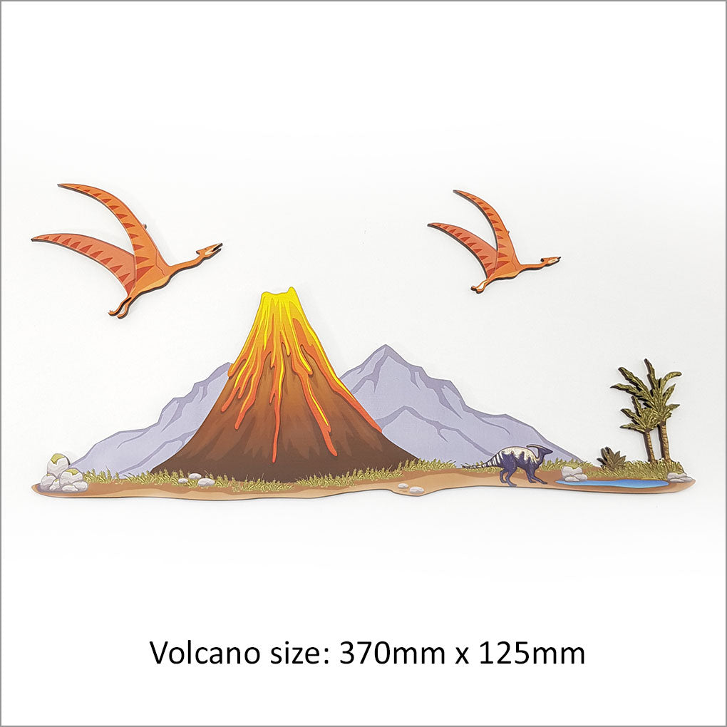 Pine Wall Art featuring a Volcano design, eco-friendly, measuring 370mm x 125mm, perfect for enhancing home decor.