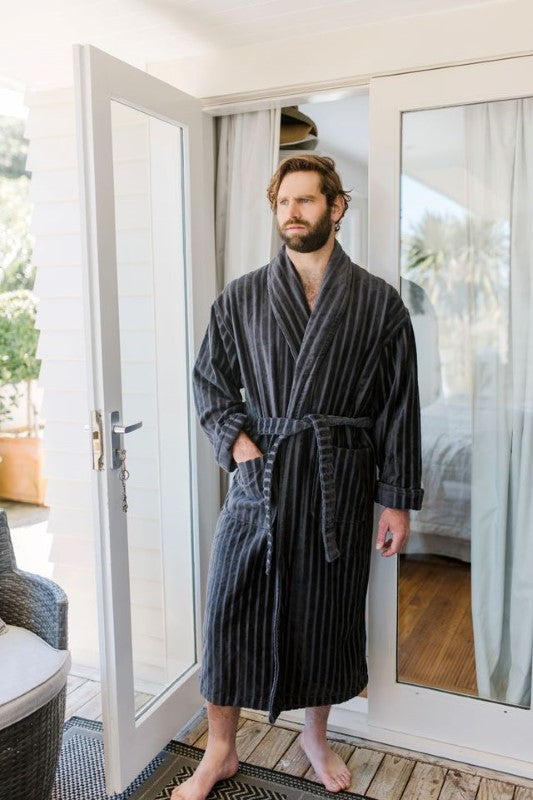 Luxury gunmetal bathrobe with shawl collar, pockets, and waist tie; made from 100% OEKO-TEX® cotton.