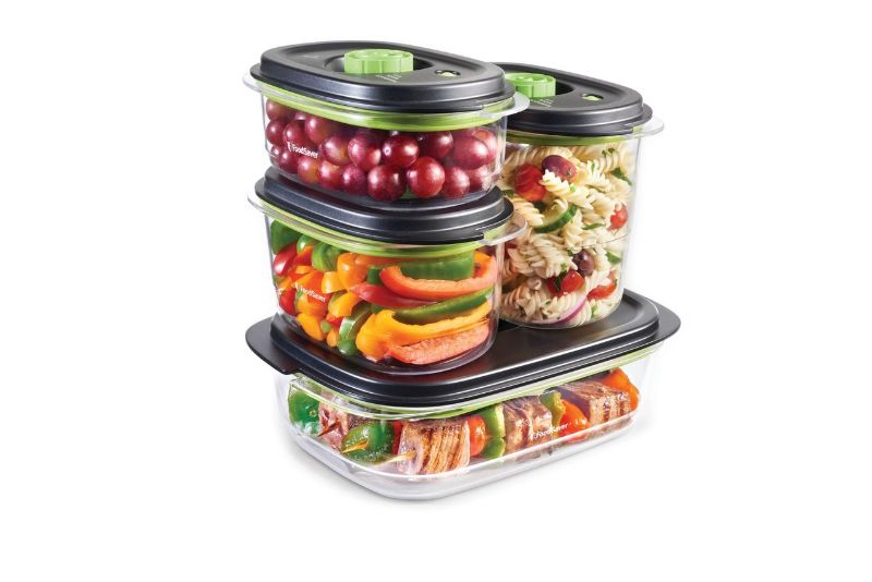 8-cup FoodSaver container by Sunbeam for vacuum sealing, marinating, and preserving food freshness, stackable and BPA-free.