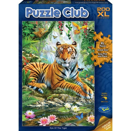 Holdson 200pc XL puzzle featuring a vibrant Eye of the Tiger design, perfect for family fun and kids 7+, made in NZ.