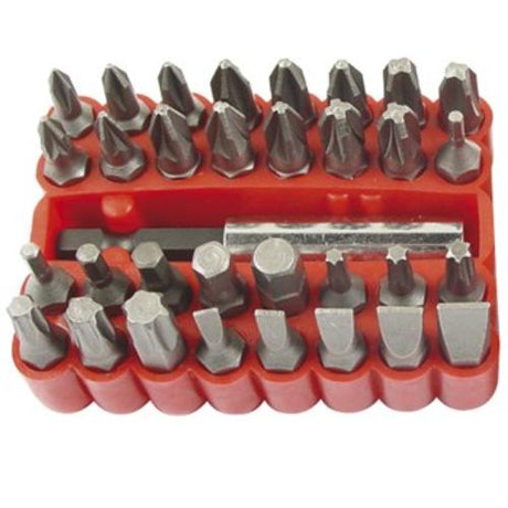 33-piece screwdriver bit set featuring Torx, Hex, Flat, Phillips, and Pozi bits, crafted from durable S2 alloy steel.