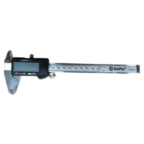AmPro Stainless Steel Digital Caliper 150mm with LCD display, durable design, and .0005-inch resolution for precise measurements.