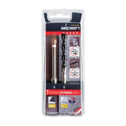 Alpen Set of Keramo and Beton Extreme drill bits for precise drilling through hard porcelain tiles.