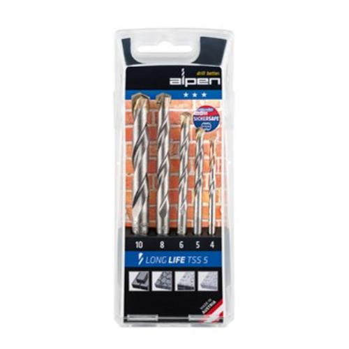 Alpen Series 700 Long Life Concrete Drill Set with five precision bits, ideal for masonry and renovation projects.