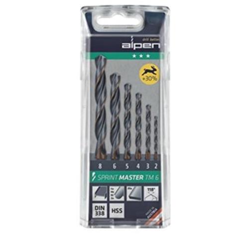Alpen Set Sprint Master TM6, 6-piece precision drill set in various sizes, ideal for wood, plastic, and metal projects.