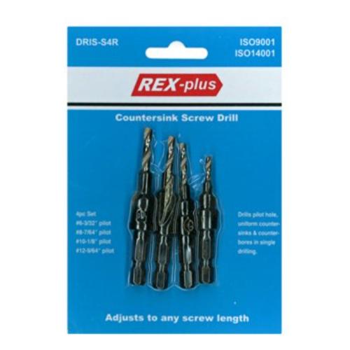 Rex-Plus Countersink Screw Drill set for precision drilling, includes bits for screw sizes #6 to #12, ideal for woodworking projects.