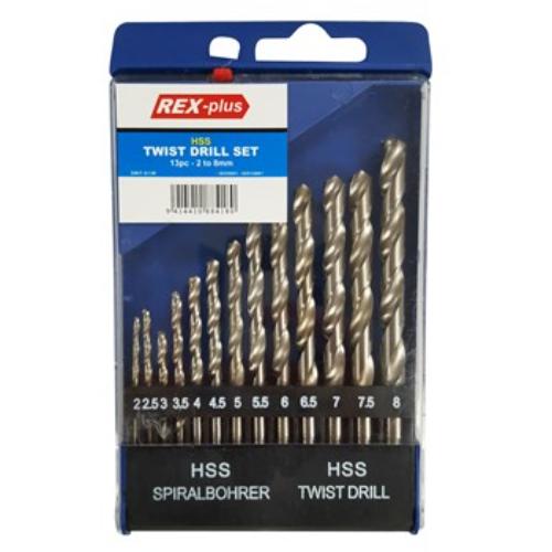 Rex-Plus HSS4241 Twist Drill Set featuring 13 precision bits from 2mm to 8mm for wood, metal, and plastic drilling.
