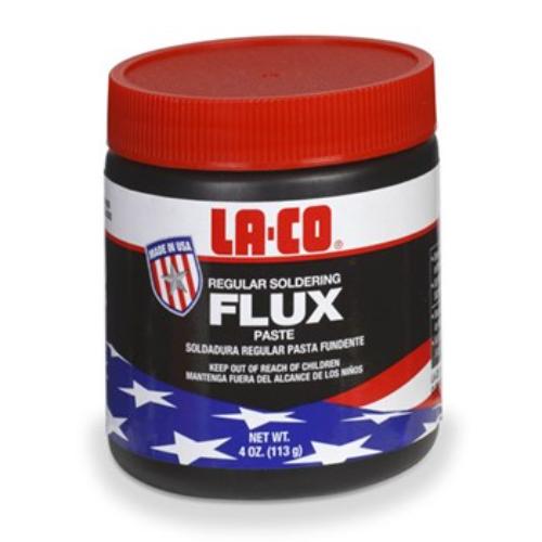 LA-CO Regular Soldering Flux 4oz for optimal copper soldering, water-soluble paste, NSF and UPC approved.