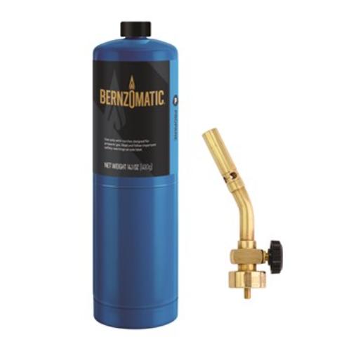 BernzOmatic Manual Gas Torch Kit with brass tube, includes UL2317 torch and TX9 propane cylinder for DIY and professional tasks.