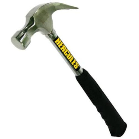 Hercules Claw Hammer with 16oz weight and tubular steel handle, perfect for woodworking and repairs with a rubber grip.