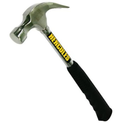 Hercules Claw Hammer with 16oz weight and tubular steel handle, perfect for woodworking and repairs with a rubber grip.