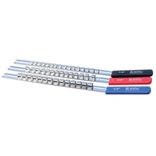 Ampro 1/4" Dr Socket Holder with heavy-duty metal rail and 14 clips for organized tool storage.