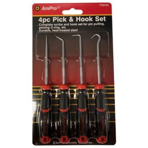 AmPro Hook Pick Set 4pc for precision tasks, made of durable heat-treated steel with ergonomic design for easy handling.