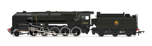 Hornby BR Class 9F 2-10-0 92002 model with sound features, showcasing iconic British steam locomotive design and heritage.