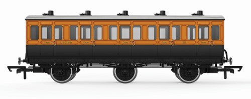 Hornby LSWR 6WC 3rd Cl. 821 model coach featuring intricate details, period oil lamp, and optimized for tight railway curves.