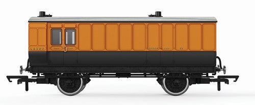 Hornby LSWR 4WC Passenger Brake 82 model, showcasing authentic oil lamps and step boards, ideal for model train enthusiasts.