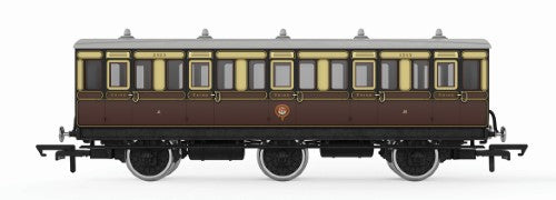 Hornby GWR 6 Wheel Coach 2523, a detailed model of a vintage Victorian-era passenger train suitable for tight curves.