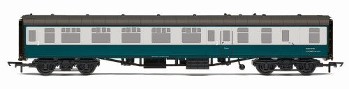 Hornby BR Mk1 BSO ADB977135 model train in blue and grey, showcasing a classic British railway carriage design.