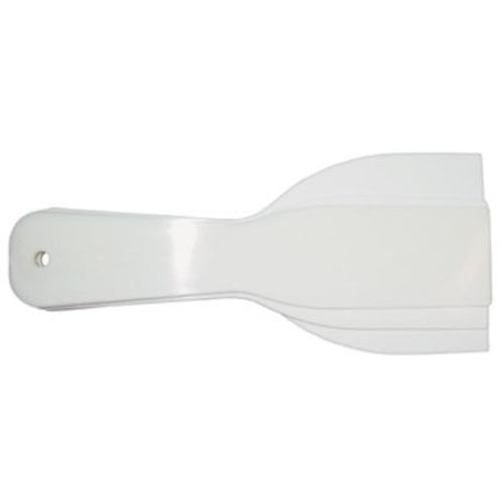 Set of three plastic putty knives (1.5", 2", 3") for smoothing, spreading, and scraping surfaces.