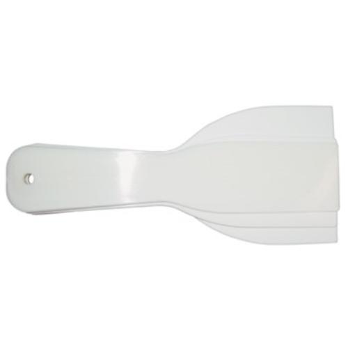 Set of three plastic putty knives (1.5", 2", 3") for smoothing, spreading, and scraping surfaces.