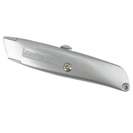 AmPro Utility Knife with heavy-duty construction, retractable blades, and four adjustable cutting positions for precision cutting.