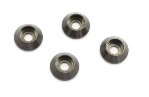 Pack of 4 Kyosho M3 head washers in gunmetal finish for securing RC vehicle components with style and durability.