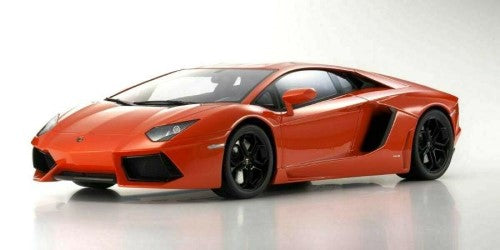 Detailed 1/12 scale diecast model of Lamborghini Aventador in vibrant orange, showcasing precision craftsmanship and realistic features.