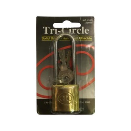 Tri-Circle L262 brass padlock with long shackle, durable design, 25mm size, includes 3 keys for added security.