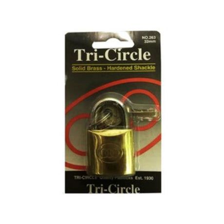 Tri-Circle 263 Brass Padlock, 32mm, durable brass, double locking mechanism, includes 3 keys for versatile security.