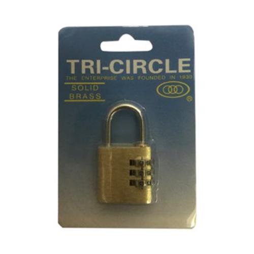 Tri-Circle KD-T1025 25mm combination padlock, solid brass construction, ideal for securing lockers and bags.