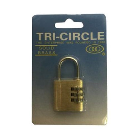 Tri-Circle KD-T1025 25mm combination padlock, solid brass construction, ideal for securing lockers and bags.