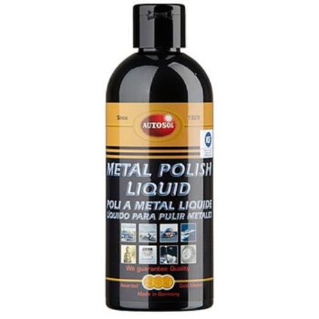 Autosol Metal Polish Liquid 250ml restores metal surfaces, providing a mirror-like shine for aluminum, brass, and chrome.